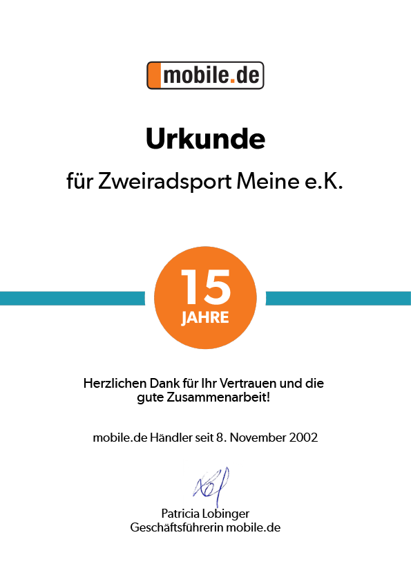 mobile.de Händler Urkunde für Zweiradsport Meine seit 8. November 2002 